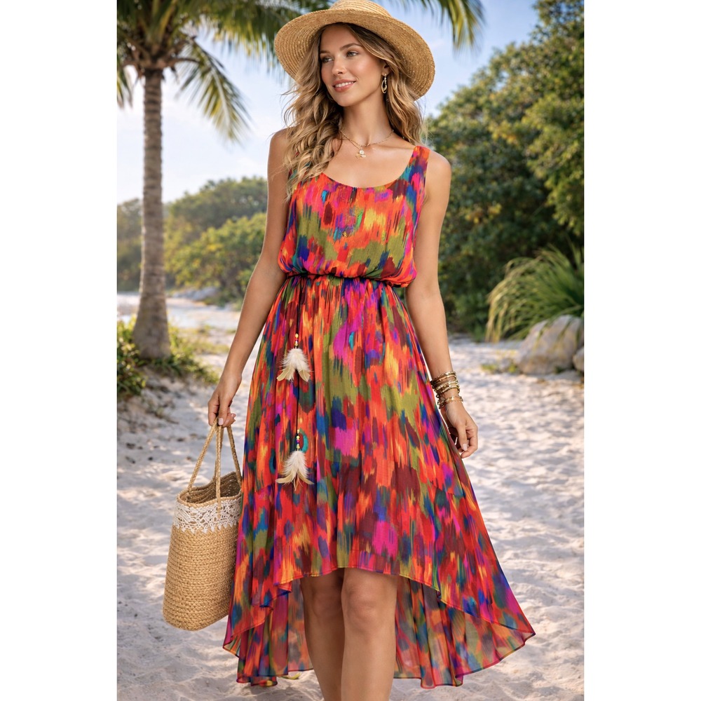 Ronni Nicole Hi-Low Dress Bold Colors Flowy Feathers Tropical Beach sz 4 Resort
